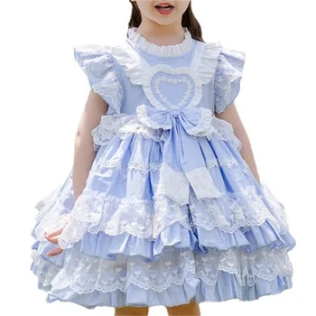 Verão novo tutu menina de vestido de princesa multi-camada de algodão casual azul branco com bebê de aniversário da menina do vestido
