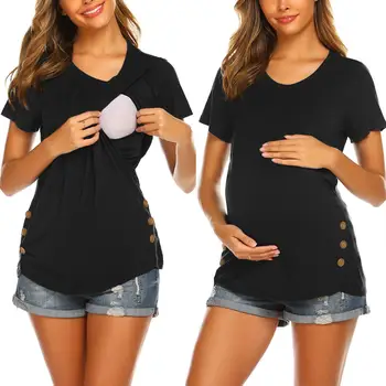Maternidade Roupas Casuais Amamentação T-shirt das Mulheres Grávidas de Enfermagem Tops Lado do Botão de Manga Curta Tamanho Plus S-2XL Roupas Tee