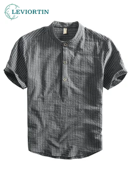 Casual Com Listras Verticais Henley Camisas Para Homens Camisas De Algodão De Manga Curta Blusa 2022 Verão Masculino Camisas, Tops Plus Size