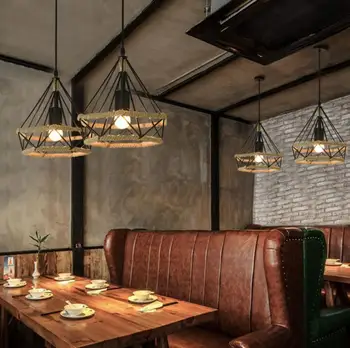 Nordic lustre pós-moderno lustre de corda de cânhamo diamond frame sala de jantar hanging lamp criativo retro iluminação home