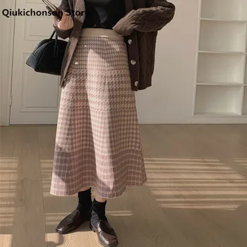Qiukichonson De Outono Inverno Da Saia De Mulheres Coreano Moda Vintage Elástico De Cintura Alta, Uma Linha De Midi Longo Houndstooth Manta De Malha, Saias