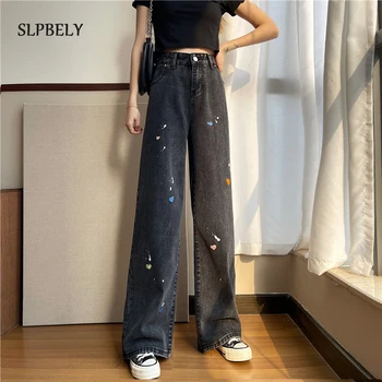 SLPBELY Coração de Impressão Calças Jeans Bordados de Cintura Alta Calças Jeans Calças Para Mulheres negras de Perna Larga Jean Calças Streetwear Primavera