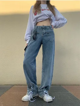 Calças Jeans feminina Outono de Design coreano Reta Calças Jeans Versátil Solta Denim Grande Perna de Calça de Bandagem Design