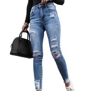 A Moda de alta Qualidade Senhoras muito de Jeans, Calças Rasgadas Buraco Cintura Alta Magro Mulheres Sexy Slim Jeans pantalones de mujer джинсы