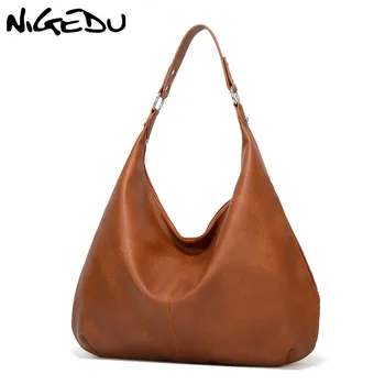 NIGEDU o design da marca mulheres dosadores de Grande capacidade soft PU couro feminino bolsa grande saco de compras de senhoras, sacos de Ombro, bolsas preto