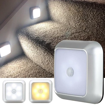 Quadrado 6 LEDs de Luz do Sensor de Movimento de PIR Armário de Closet Escadas Lâmpada Luzes da Noite Alimentado por Bateria sem Fio Detector de Cozinha em Casa