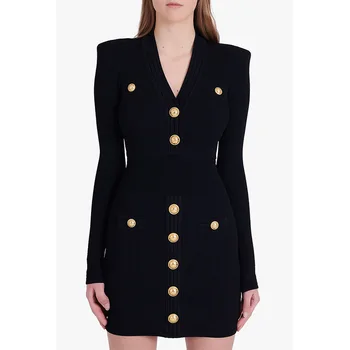 Design de luxo vestidos para as mulheres de pescoço V profundo 2021 moda outono Curto preto de malha mulher de mini vestido com tons de ouro botões