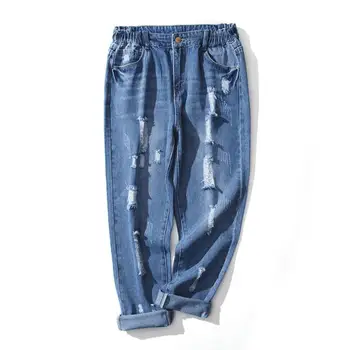 pode ift 90kg moda jeans, moda feminina da marca 100% algodão, feitos à mão arranhada buraco era fino, elástico na cintura perna larga wq1073