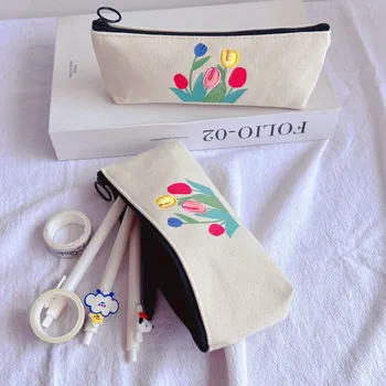 Simples tulip flor de tecido estojo portátil papel de carta saco caixa coreano papel de carta com grande capacidade de armazenamento de bolsa escola
