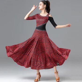Moderno, Dança de Salão Vestido de Vermelho Novo Leopard Valsa Prática de Dança de Roupa Padrão Nacional de Competição de Dança de Trajes DQL5737