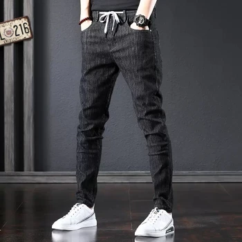Outono Preto Listrado Jeans Homens Casual Slim Fit Lápis Calças Fashion Estilo coreano Cordão de Jeans, Calças CP2177