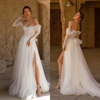 Boho Pérolas Dividir Vestidos De Noiva 2022 Boêmio Uma Linha De Tulle Vestidos De Casamento Fora Do Ombro Praia De Noiva Vestido Photoshoot