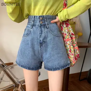 Shorts Mulheres Jeans de Cintura Alta Verão Solto Estilo coreano Senhoras Novos Alunos-jogo do Lado-de-fenda, Lavado Bolsos de Moda Feminina