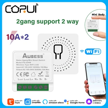 CoRui 2gang Mini Tuya Smart Switch 2.4 GHz WiFi 2x10A Dois Maneira Inteligente de DIY Alternar Com Alexa Inicial do Google Yandex Alice de Controle de APLICATIVO