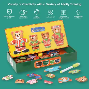 1 Caixa De Cartoon Família Urso Vestido De Mudança De Quebra-Cabeça De Madeira De Brinquedo Montessori De Ensino Trocar De Roupa, Brinquedos Para Crianças