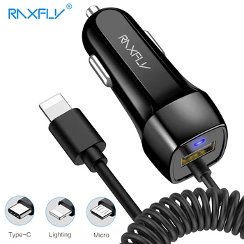 RAXFLY Carregador do Carro de USB para o iPhone X XR 8 7 Rápida USB Carregador Micro USB Tipo C Iluminação Cabo de Carregamento Rápido para Samsung S9 S8