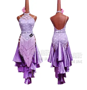 Personalizado de dança latina correspondência vestido de traje de dança latina de vestido roxo renda superior garfo saia de franjas