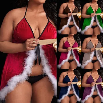 Natal Eróticas Fantasias de Mulheres de Lingerie Sexy Sutiã, Tanga Saia Terno de Pelúcia Laço Tops Sexo Jogar Calcinhas de Cintura Alta Sexy Pijamas 5XL