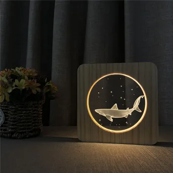 Pequeno Tubarão Animal LED 3D Arylic de Madeira Noite, Lâmpada de Mesa de Controle de Interruptor de Luz de Escultura Lâmpada para Quarto infantil Decorar Presente