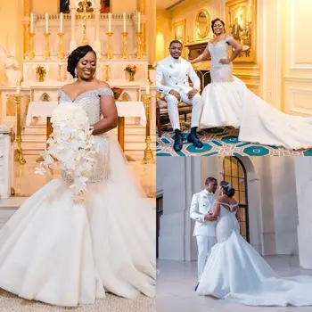 Sul-Africano Sereia Vestidos De Noiva 2021 Off Ombro De Luxo Frisado Noiva, Vestidos De Festa Longo De Varredura De Casamento Vestidos Trumpe