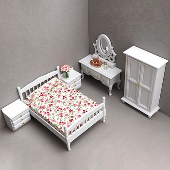 5Pcs/Set 1:12 Casa de bonecas em Miniatura de Móveis Cama, Roupeiro, Mesa de Cabeceira, Cômoda Modelo de Brinquedo Bonecas Acessórios de Quarto