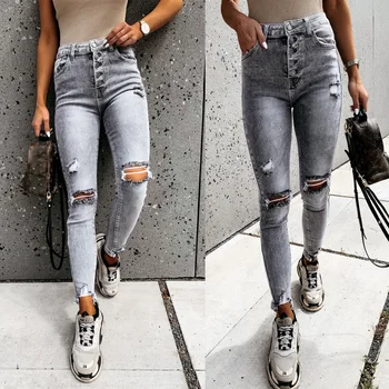 Rasgado Slim Fit Pés de Cintura Alta Jeans Mulheres 2022 Outono e Inverno de Rua Temperamento Calças