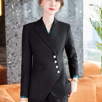 2022 Outono Formal Senhoras Blazer Preto Mulheres Ternos de Negócio com Conjuntos de roupas de Trabalho do Office Grande Uniforme de Tamanho de Calças Casaco de Primavera