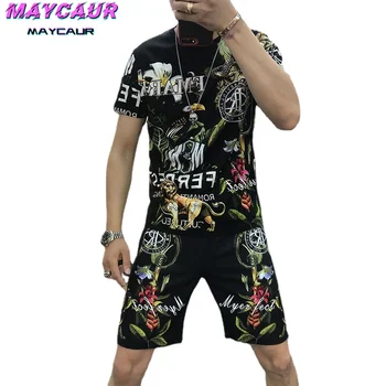 Homens Conjunto de Roupa de Moda coreano Verão de Gelo Seda Hip Hop Estilo Quente Diamante T-shirt + Shorts roupa de Duas peças Corredores de Mens Conjunto