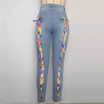 As mulheres Plus Size XL-5XL Jeans arco-íris Cor de Laço cruzado Até Buraco Bainha Elástica Cintura Alta Longa Lápis de Jeans, Calça de Bandagem