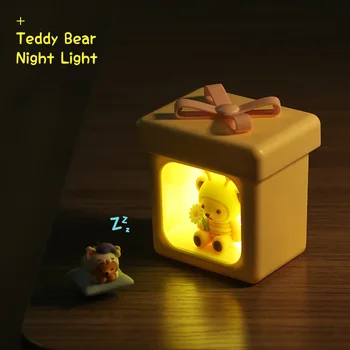 Criativo Cartoon Caixa de Presente ursinho de Pelúcia Noite de Luz de Quarto de Crianças de Cabeceira Sono Macio Recarregável Luz Ambiente Luz da Noite