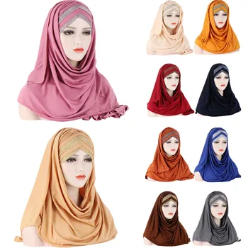 2022 Novas Mulheres Jersey Lenço Macio Liso Instantâneo Hijab Xales e Molda-Foulard Femme Muçulmano Hijabs Pronto Para usar Lenço na cabeça Turbante