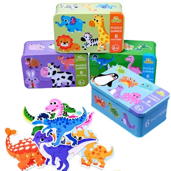 6Pcs/Conjunto de Quebra-cabeça Jigsaw Placa de Madeira Souptoys Início de Jogo Educativo Bonito dos desenhos animados de Animais de Dinossauro Padrão de Brinquedos a Crianças de Presente